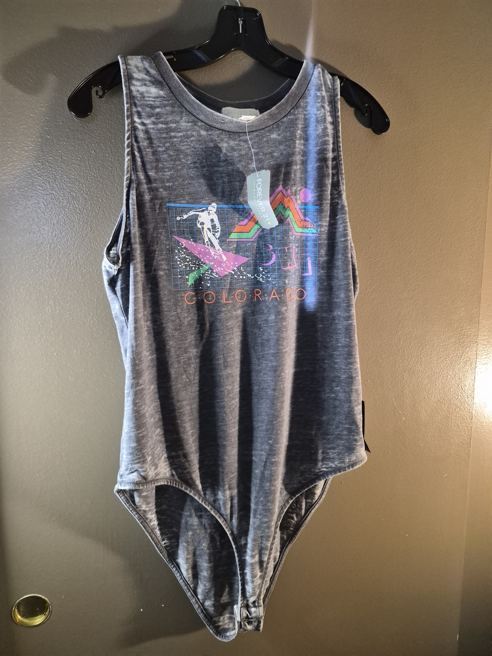 Forever 21 Gray Graphic Colorado Muscle Bodysuit with Neon Accent